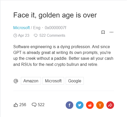 MS의 한 엔지니어가 블라인드에 “소프트웨어 엔지니어 전성시대는 끝났다”고 두려움을 토로하는 글에 500여개의 댓글이 화답했다. /블라인드 갈무리