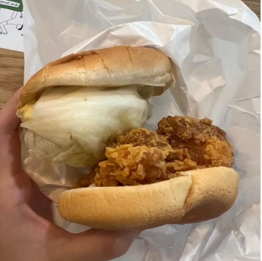 성균관대 구내의 한 햄버거 프랜차이즈점에서 양상추를 썰지 않은 채 그대로 집어넣은 햄버거를 제공했다. 사진=온라인 커뮤니티 캡처