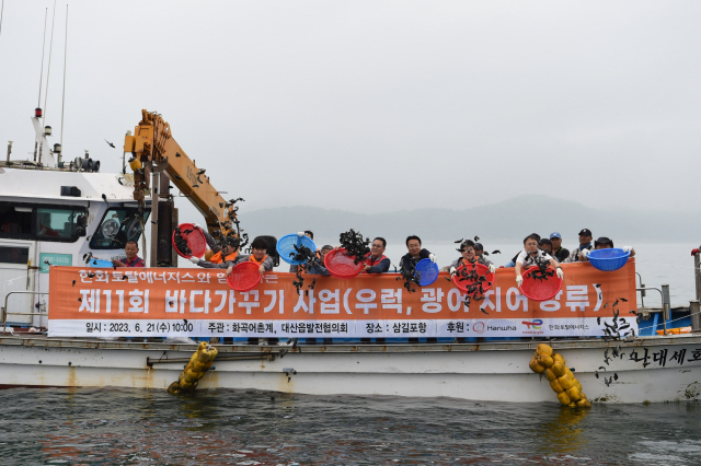 한화토탈에너지스 임직원들이 지역주민들과 함께 서산시 대산읍 삼길포 해안에서 치어방률 행사를 갖고 있다. 사진제공=한화토탈에너지스