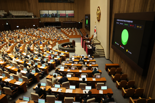 21일 오후 국회에서 열린 본회의에서 성폭력 범죄의 처벌 등에 관한 특례법 일부개정법률안이 가결되고 있다. 연합뉴스