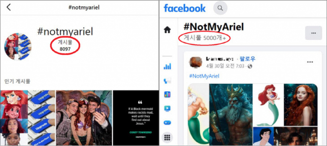 온라인 상에서 확산된 ‘내 에리얼이 아니다’(#Not My Ariel) 운동 (인스타그램, 페이스북 캡처)
