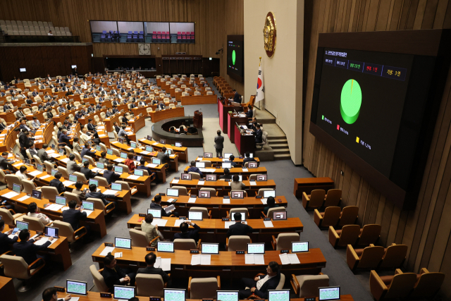 21일 오후 국회에서 열린 본회의에서 군인연금법 일부 개정 법률안이 가결되고 있다. 연합뉴스