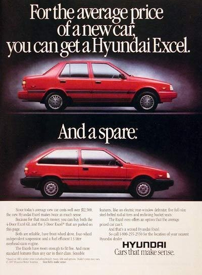 현대자동차가 1985년 엑셀을 미국에 수출하며 선보인 광고. '평균적인 자동차 가격이면 엑셀 두 대를 구매할 수 있다'는 문구를 사용했다. 사진 제공=현대차