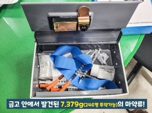 경찰이 호텔 침대 밑에서찾아낸 소형 금고 속 필로폰과 주사기.