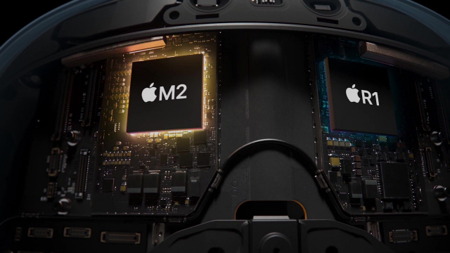 애플은 비전 프로 안에 기존 자체 프로세서인 M2와 함께 MR 기기용 프로세서 R1을 넣어 ‘듀얼 칩’ 체제를 구축했습니다. 이 R1에 SK하이닉스의 맞춤형 D램이 탑재했습니다. 사진제공=애플