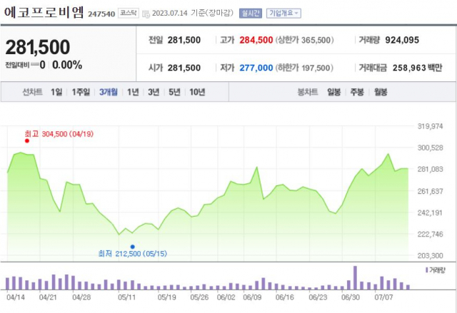 에코프로비엠 주가 흐름/사진제공=네이버