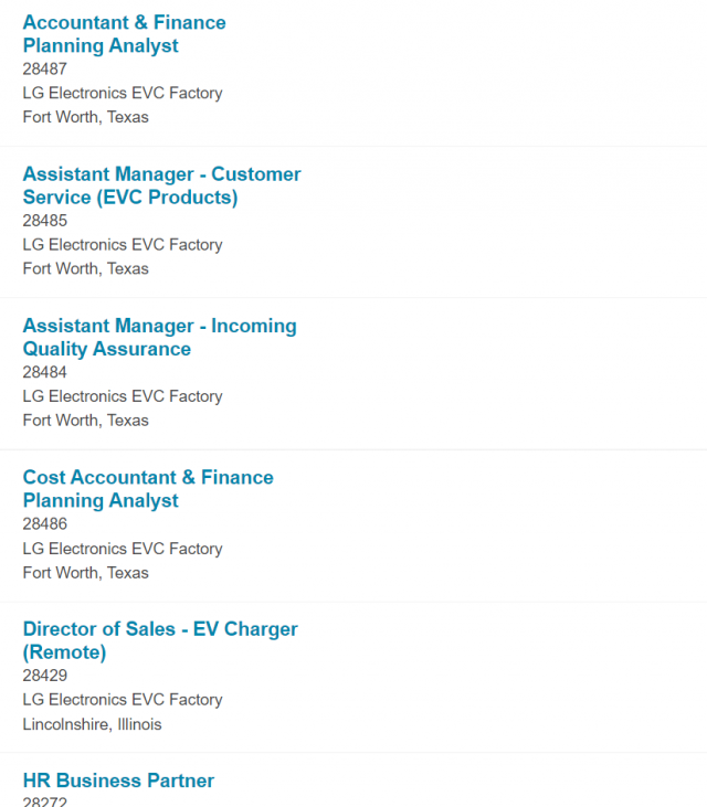 LG전자 미국법인에서 최근 공고한 텍사스주 포스워스 EVC 공장의 채용 정보.