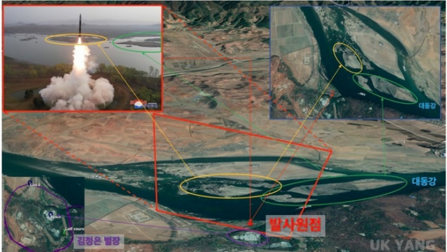 북한이 13일 ICBM 화성-18형을 발사한 곳은 대동강교에서 남쪽으로 5㎞ 지점의 강변 공터로 추정된다. 사진 제공=아산정책연구원