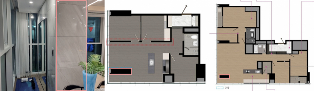 ‘용산 호반써밋 에이디션’ 전용 65㎡ 거실 공간에 설치된 내력벽(왼쪽부터)과 전용 65㎡·122㎡ 평면도. 사진=한민구기자·호반건설