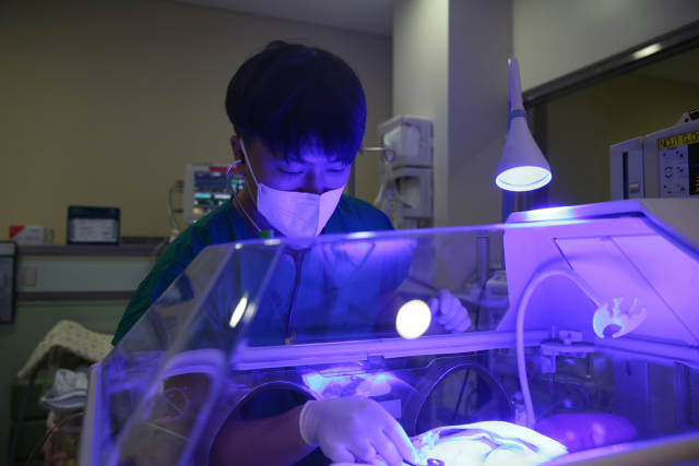 정의석(왼쪽) 서울아산병원 신생아과 교수가 신생아중환자실에서 인큐베이터에 누워있는 이른둥이를 진찰하고 있다. 사진 제공=서울아산병원