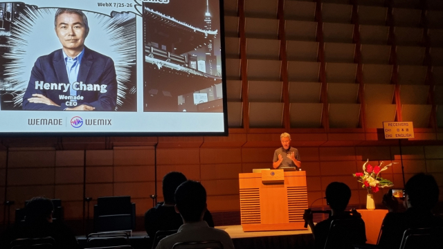장현국 위메이드 대표가 25일 일본 도쿄에서 열린 웹X 행사에서 강연하고 있다./사진=최재헌기자