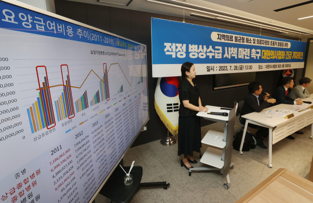 28일 오후 서울 용산구 대한의사협회 회관에서 열린 '적정 병상수급 시책 마련 촉구 기자회견'에서 우봉식 의료정책연구원장이 발표하고 있다. 연합뉴스