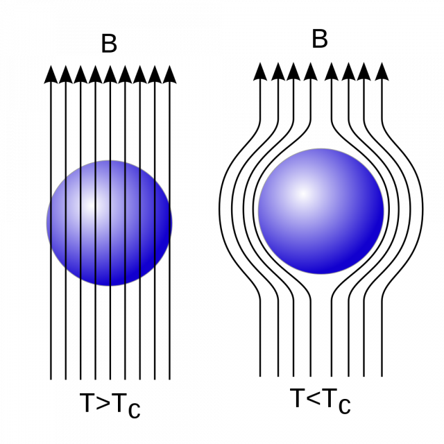 일반 물질(왼쪽)은 외부 자기장(검은색 화살표)의 영향을 그대로 받지만 초전도체는 이를 완전히 밀어낸다. 위키