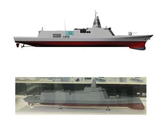 대우조선해양이 KDDX 개념설계 결과물을 활용해 2013년 처음 제작한 모형(위쪽)과 2019년 마덱스에서 현대중공업이 전시한 모형(아래쪽) 비교. 사진 제공=서일준 의원실