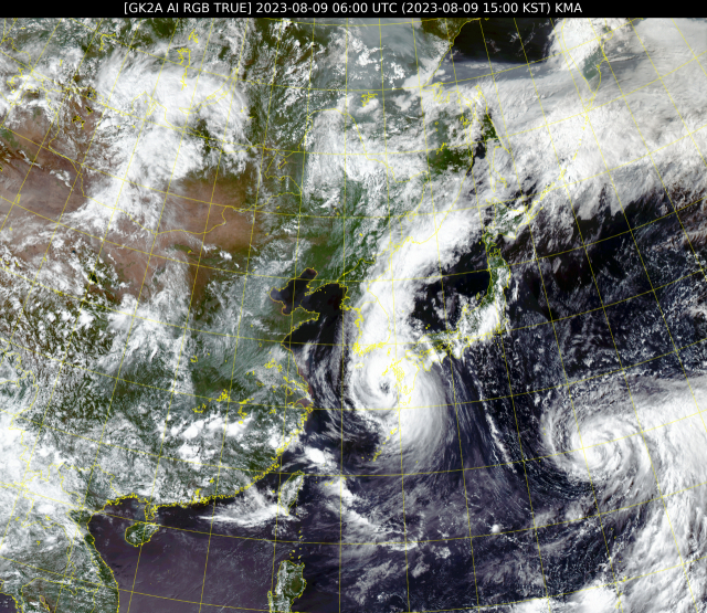 한반도로 접근 중인 제6호 태풍 카눈의 9일 15시 현재 위치를 보여주는 천리안위성 2A호의 위성 영상. 사진제공=국가기상위성센터