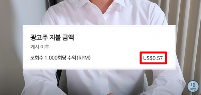 유튜버 ‘1분미만’이 조회수 회당 수익을 공개했다. 유튜버'1분미만'영상 캡처