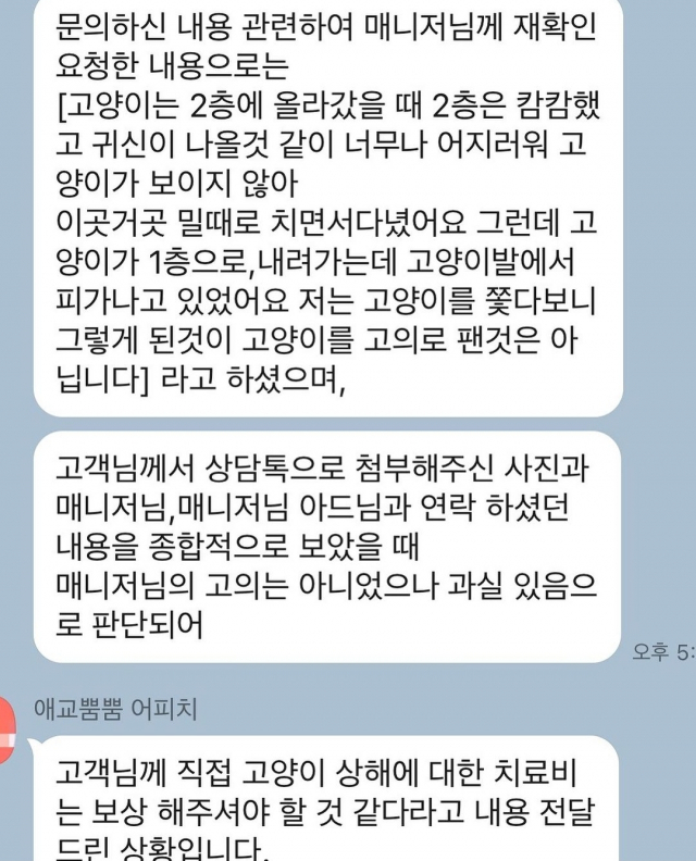 가사도우미의 행동이 고의가 아닌 과실로 판단돼 교육하겠다는 업체 측의 최초 입장. 사진 제공=제보자