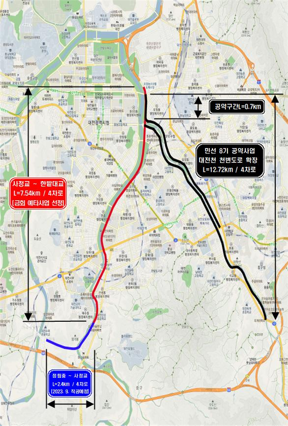 예비타당성조사 대상사업으로 선정된 ‘사정교~한밭대교 도로개설사업’ 사업구간. 사진제공=대전시