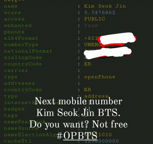 인도네시아 해커들이 BTS 멤버들의 휴대폰 번호 정보를 거래하겠다며 올린 글. 텔레그램 캡처.
