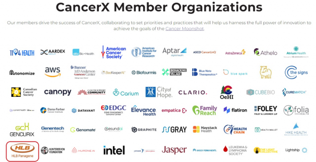 CancerX 회원사 명단에 포함된 HLB파나진(좌측 하단) CancerX 홈페이지 캡쳐
