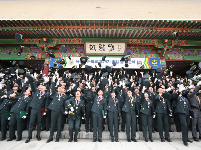 지난 3월 3일 서울 노원구 육군사관학교에서 열린 ‘2023 육사 79기 졸업 및 임관식’에서 신임 장교들이 모자를 던지면 환호하고 있다. 사진 제공=육사