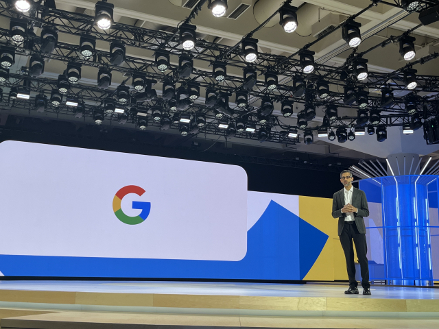 29일(현지 시간) 미국 캘리포니아주 샌프란시스코 모스콘 센터에서 순다르 피차이 구글 CEO가 클라우드 비전을 설명하고 있다. /샌프란시스코=정혜진 특파원
