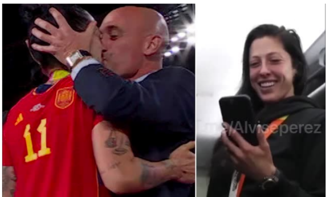 루이스 루비알레스 스페인 축구협회장에게 ‘기습 입맞춤’을 당한 스페인 국가대표 헤니페르 에르모소의 모습(왼쪽)과 사건 이후 해당 장면 사진을 보며 즐거워하는 에르모소의 모습. 영국 데일리메일 캡처