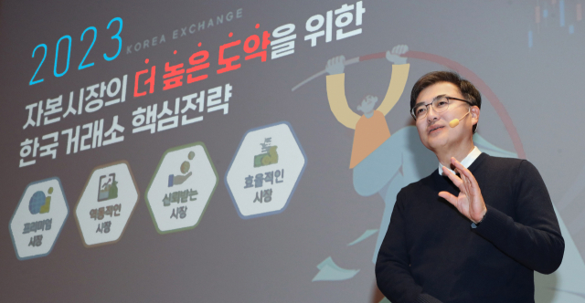 올해 1월 손병두 한국거래소 이사장이 서울사옥 컨퍼런스홀에서 거래소 핵심 전략에 대해 발표하고 있다. 사진 제공=한국거래소