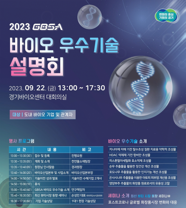 경기도경제과학진흥원(GBSA) 바이오 우수기술 설명회 안내 포스터. 이미지 제공 = 경기도