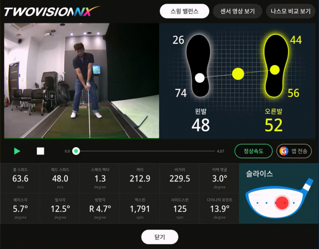 투비전NX는 스윙 스피드, 헤드 스피드, 스매시 팩터, 페이스 각, 론치 앵글, 백스핀, 사이드 스핀 등의 정보 외에도 4단계 체중이동 데이터까지 제공한다.