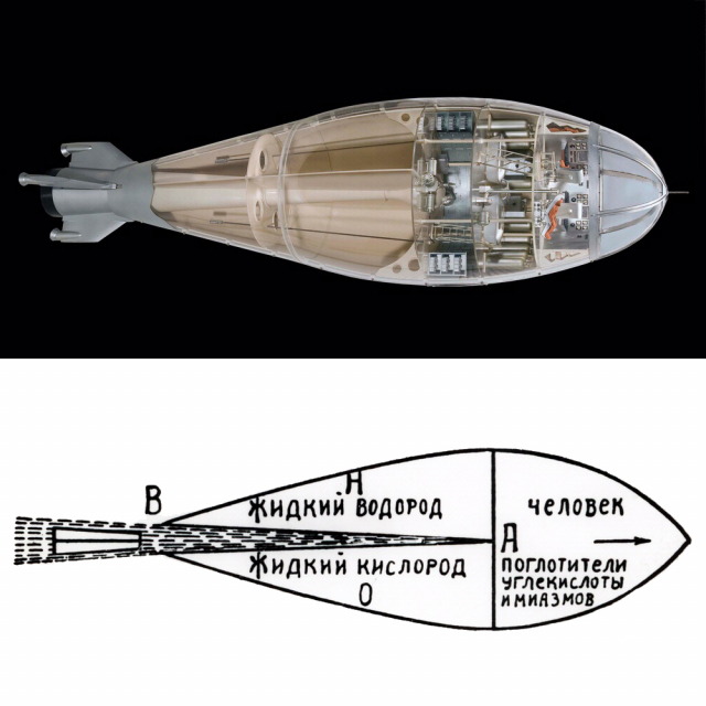 치올콥스키가 최초 고안한 로켓 디자인(아래)과 이를 재현한 그래픽(위).