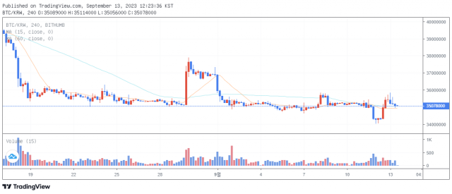 13일 오후 12시 23분 기준 비트코인(BTC) 가격 차트/출처=빗썸.