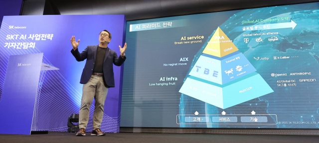 유영상 SK텔레콤 대표가 26일 서울 중구 T타워에서 열린 기자 간담회에 참석해 AI 사업 전략을 설명하고 있다. 사진 제공=SK텔레콤