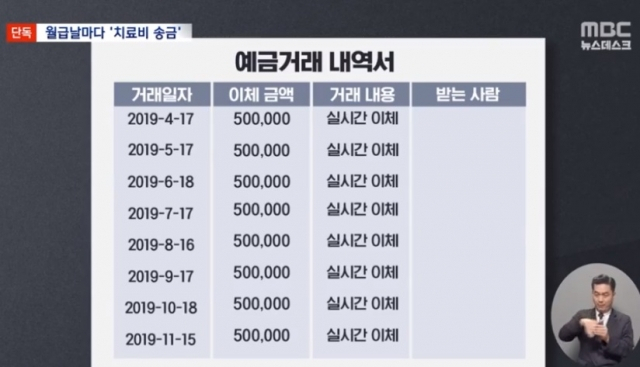 교사 이영승씨가 학부모에게 매달 돈을 보낸 내역. MBC 보도화면 캡처