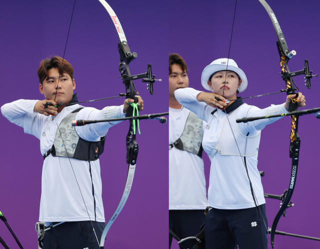 4일 중국 항저우 푸양 인후 스포츠센터에서 열린 2022 항저우 아시안게임 양궁 리커브 혼성전 준결승에서 임시현(오른쪽)과 이우석이 조준하고 있다. 연합뉴스