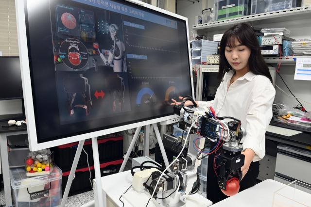ETRI 연구진이 멀티 모달 유연 센서가 집적된 지능형 로봇 그리퍼 기술로 토마토를 잡는 실험하고 있다. 사진제공=ETRI