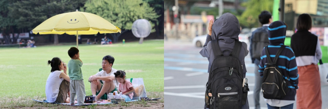 늦더위가 이어진 지난 9월 시민들이 공원에서 휴식을 취하고 있는 모습(왼쪽)과 5일 갑자기 떨어진 기온에 몸을 꽁꽁 싸매고 발걸음을 재촉하는 시민들. 연합뉴스