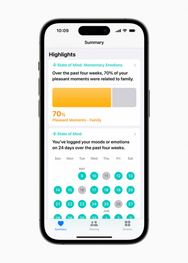 iOS 17에 추가된 애플 건강 앱의 정신건강 관리 기능. 사진 제공=애플