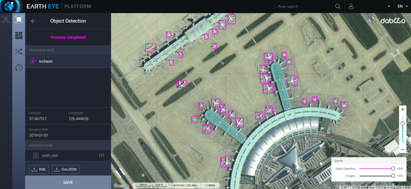 사진 설명. 위성 이미지 기반 지상 객체를 탐지하는 다비오의 AI 서비스 어스아이(Eartheye)