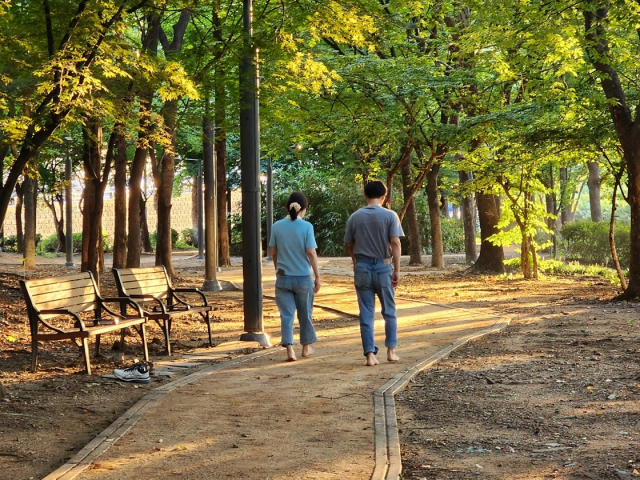 주민들이 ‘반포근린공원 맨발길’을 걷고 있다. 사진 제공=서초구청