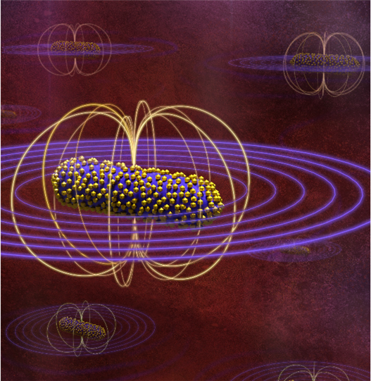 나노 자성버블 입자의 모식도. 자기장(노란색)과 음파(보라색)에 민감하게 반응해 조직 경화도를 탐지할 수 있다. 사진 제공=IBS