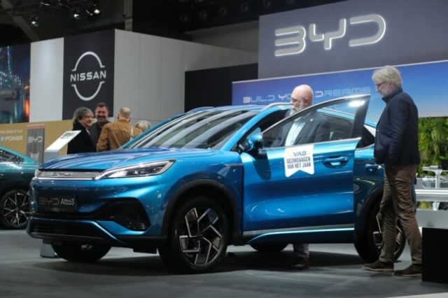 지난 1월13일 벨기에 브뤼셀에서 열린 모터쇼에 비야디 전기자동차 ‘아토3’가 전시돼 있다. 연합뉴스