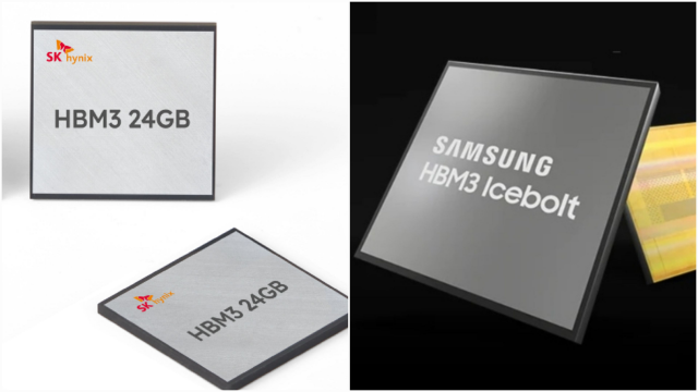 SK하이닉스(왼쪽)와 삼성전자의 HBM3 제품 이미지.
