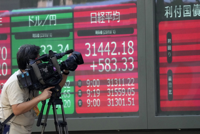 한 카메라맨이 1일 일본 도쿄의 한 증권사 전광판 앞에서 금융시장 시황 화면을 촬영하고 있다. AP연합뉴스