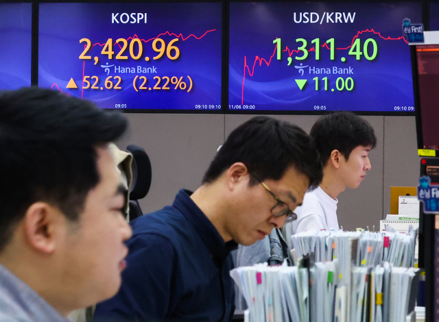 국내 증시 전체 종목에 대한 공매도 전면 금지가 시행된 첫날인 6일 오전 서울 중구 하나은행 본점 딜링룸 현황판에 코스피, 원/달러 환율이 표시돼 있다. 연합뉴스