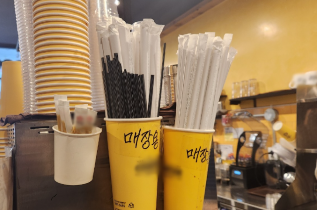 송파구 한 카페에 비치된 매장용 종이빨대. 연합뉴스