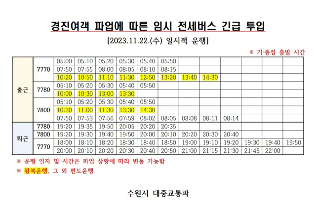 경진여객 파업 따른 수원시 운영 전세버스 시간표. 이미지 제공 = 수원시