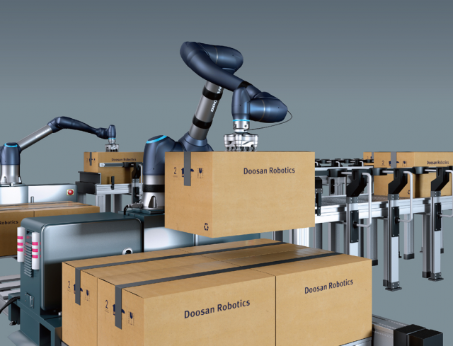 두산로보틱스의 협동로봇 제품 중 가반하중이 25kg로 가장 무거운 중량 작업을 할 수 있는 H시리즈가 운반작업을 수행하고 있다. 사진 제공=두산로보틱스