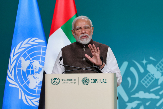 나렌드라 모디 인도 총리가 1일 두바이에서 열린 제28차 유엔기후변화협약당사국총회(COP28)에서 연설하고 있다. AFP연합뉴스