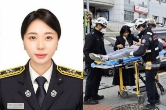 지난 2일 오후 박지혜 소방사가 소방서 앞 도로에서 교통사고가 발행하자 환자들에게 응급조치를 하고 있다. 사진 제공=진천소방서